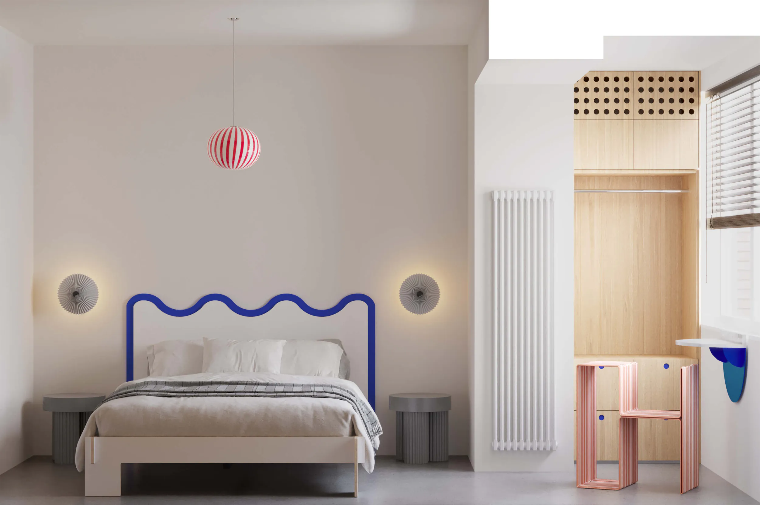 Современная минималистичная спальня с кроватью, тумбочкой и столом.