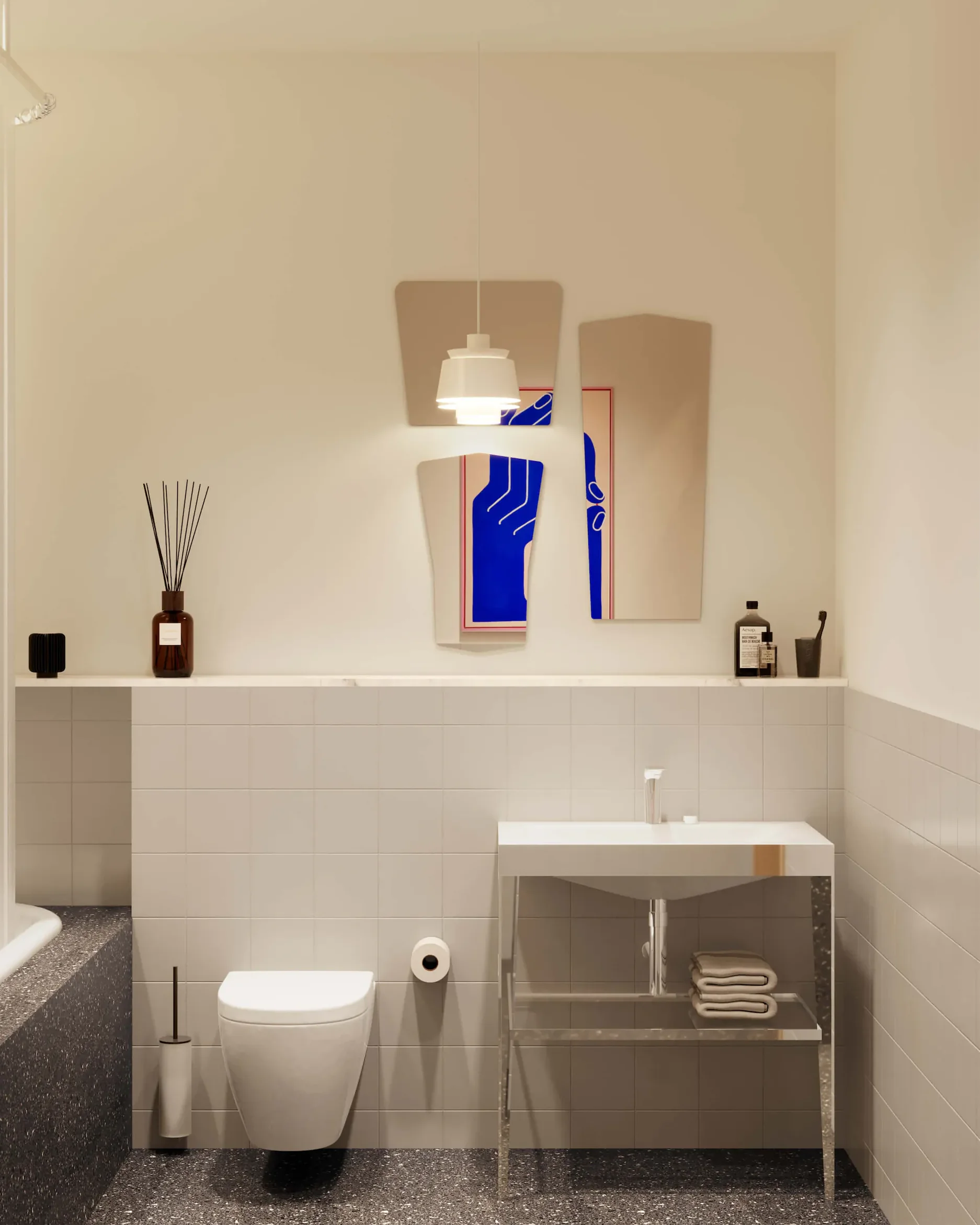 Современная ванная с унитазом, раковиной и декоративной полкой у белой стены.