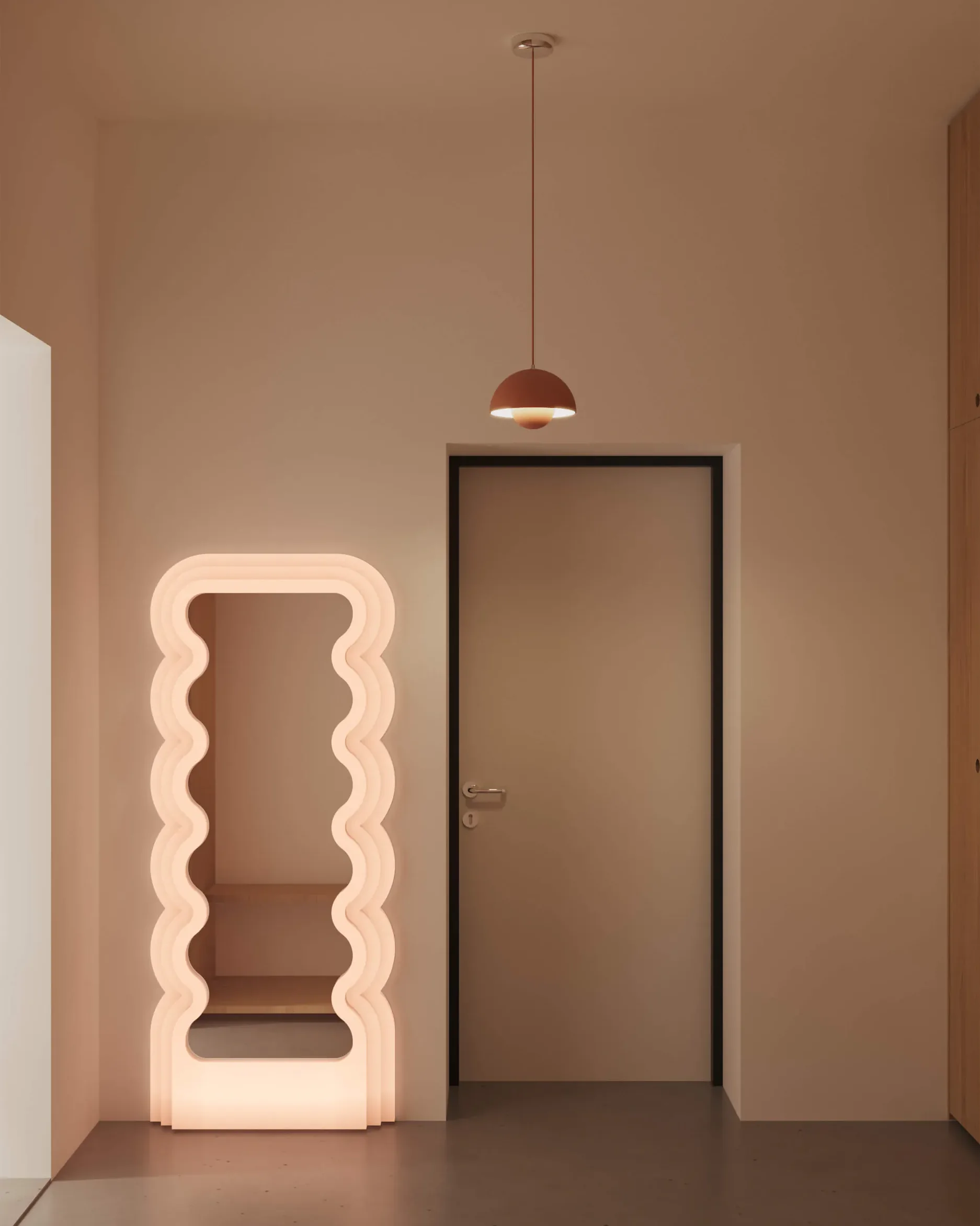 Современная комната с белой полкой в волнистой раме, закрытой дверью и подвесным светильником.