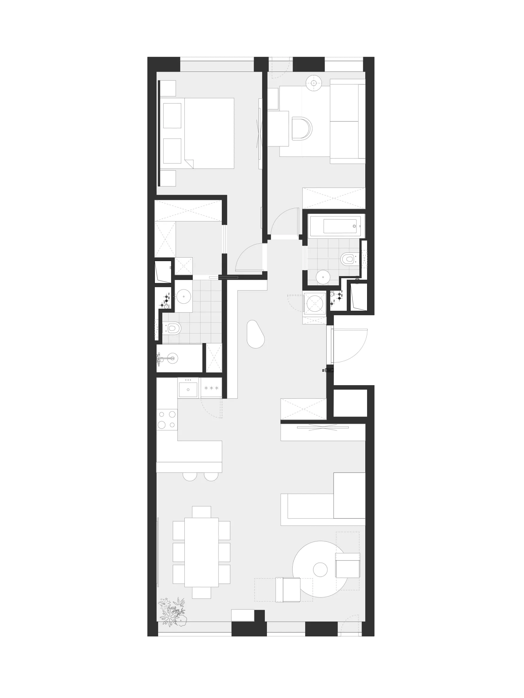 Чёрно-белый план этажа с длинным коридором и несколькими помещениями.