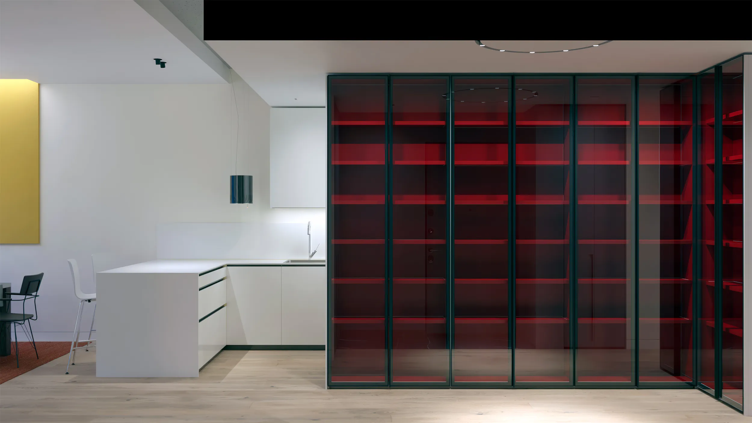 Современный офис с белым столом, красным стеллажом и чёрным креслом у белой стены.