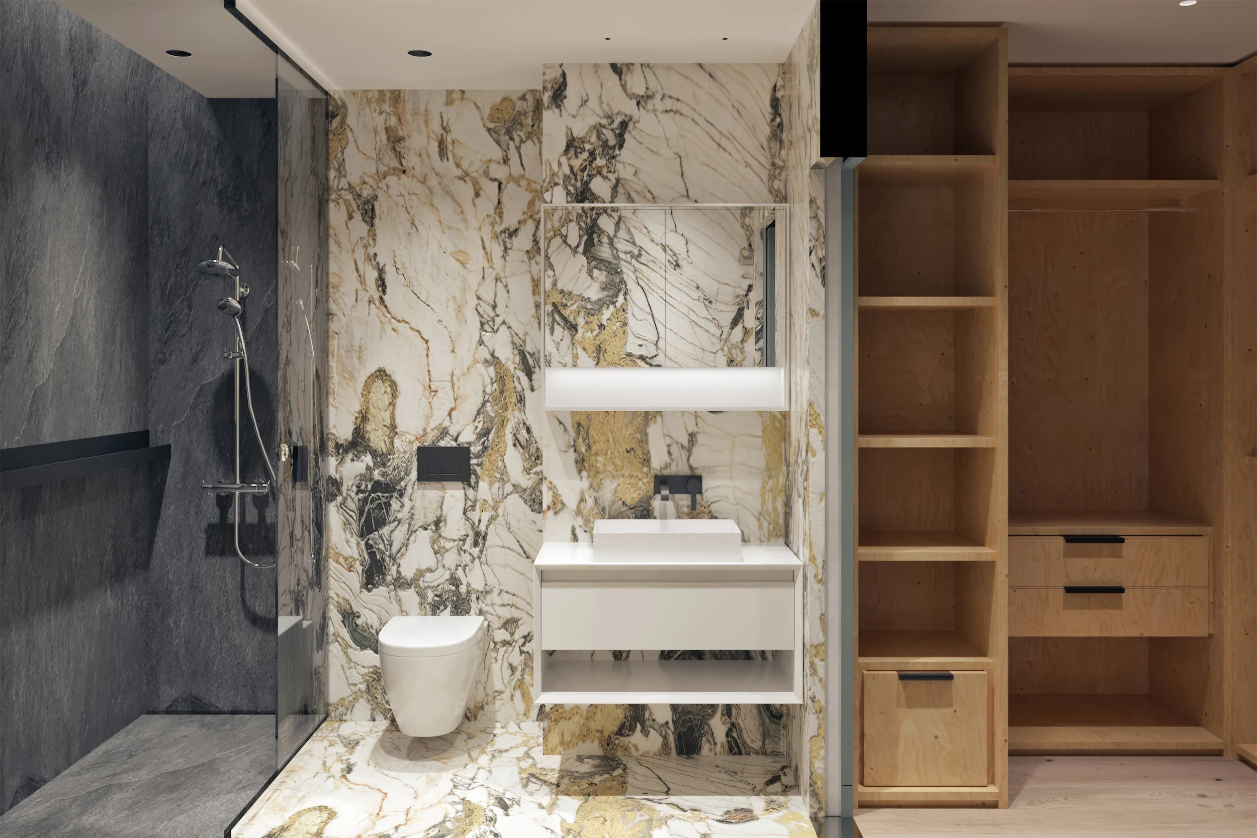 Ванная с белым унитазом, мраморной стеной и деревянными полками.