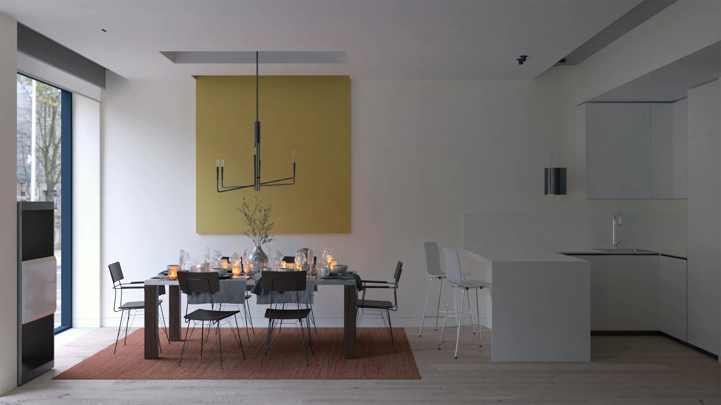 Минималистичная столовая со столом, стульями и подвесным светильником.