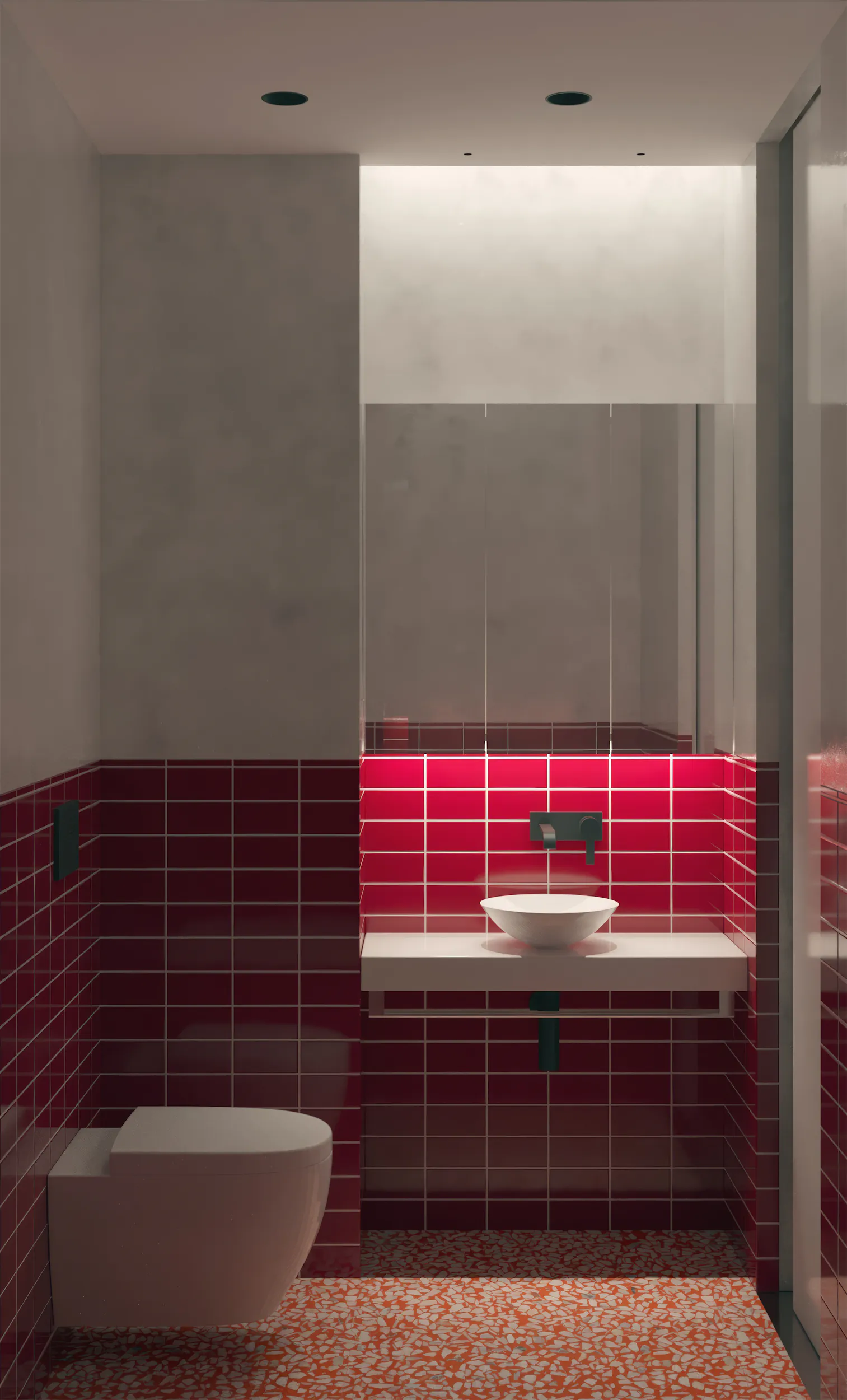 Белый унитаз и раковина у стены с красной плиткой. Над ними полка.