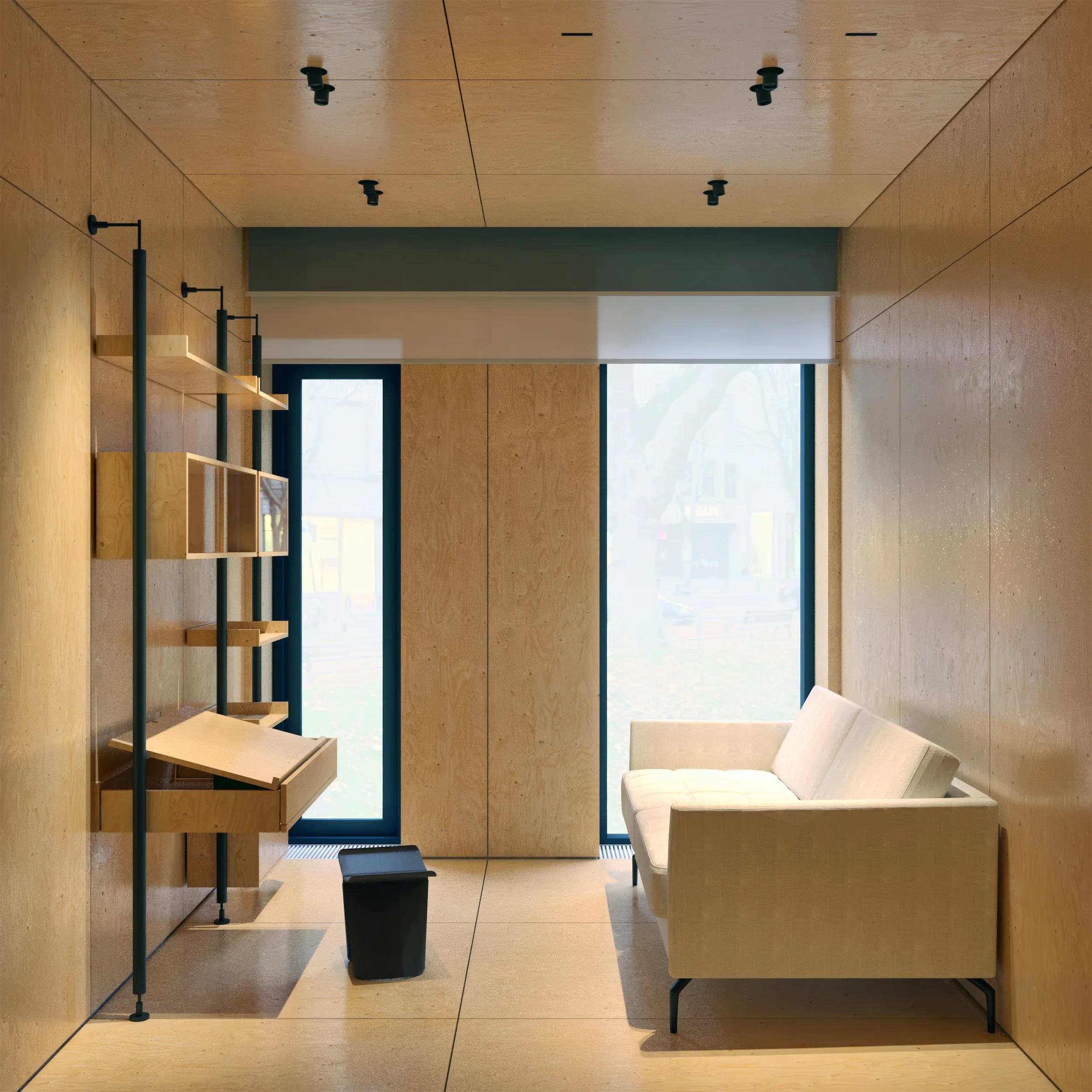 Комната с белым диваном, столом, полками, деревянной панелью и большим окном.