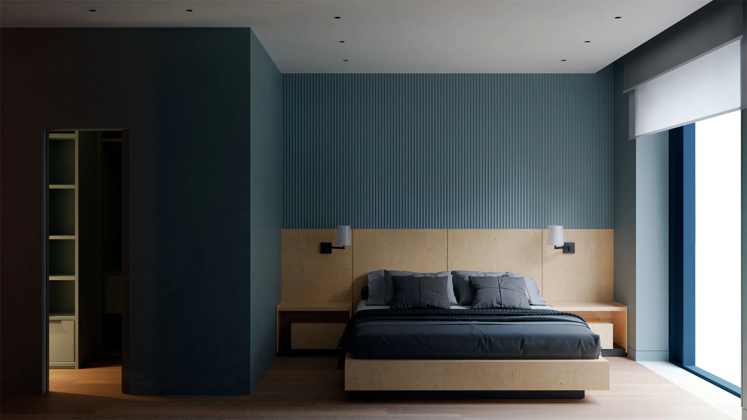 Минималистичная спальня с кроватью, тумбочкой и шкафом в сине-бежевой гамме.