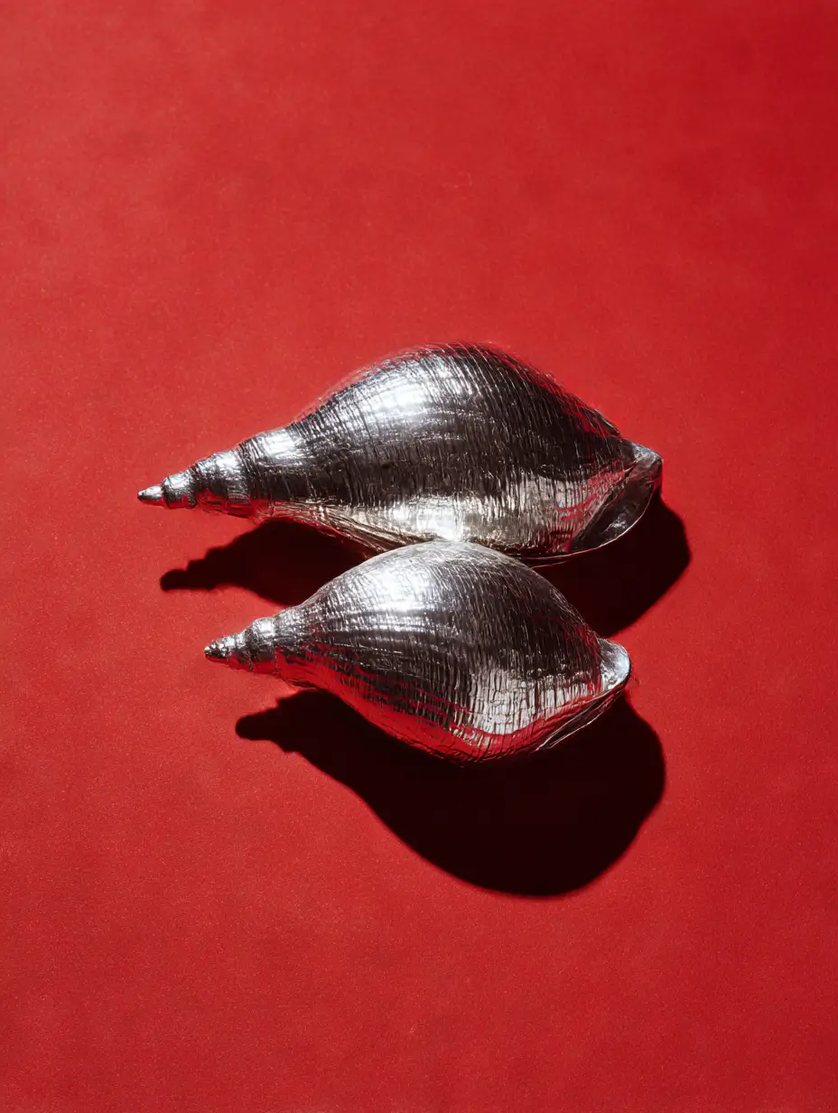 Две блестящие серебряные ракушки на ярко-красном фоне.