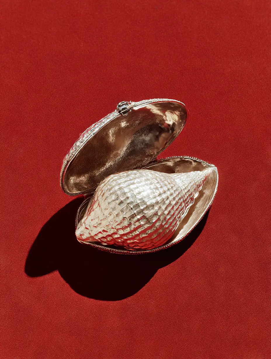 Слегка приоткрытая ракушка, отбрасывающая тень на тёмно-красном фоне.