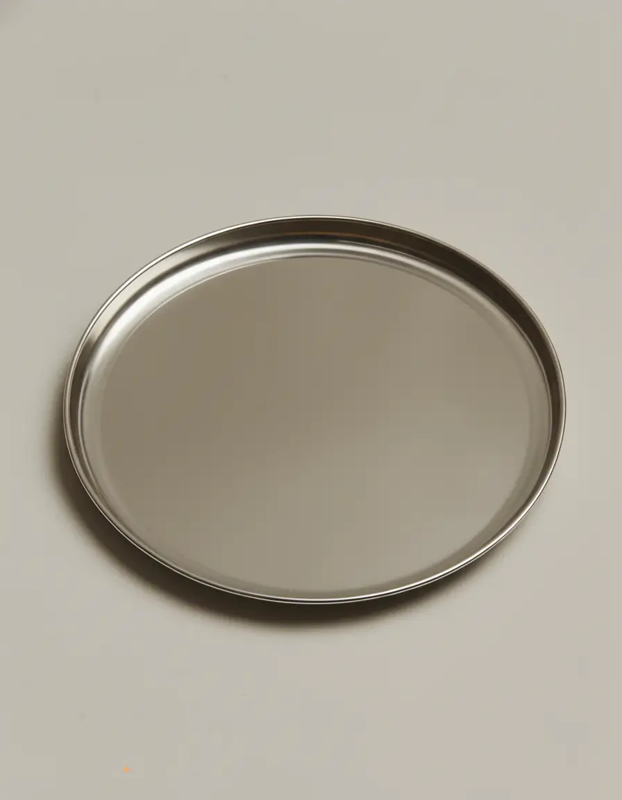 Круглый металлический предмет с приподнятым краем на бежевом фоне.
