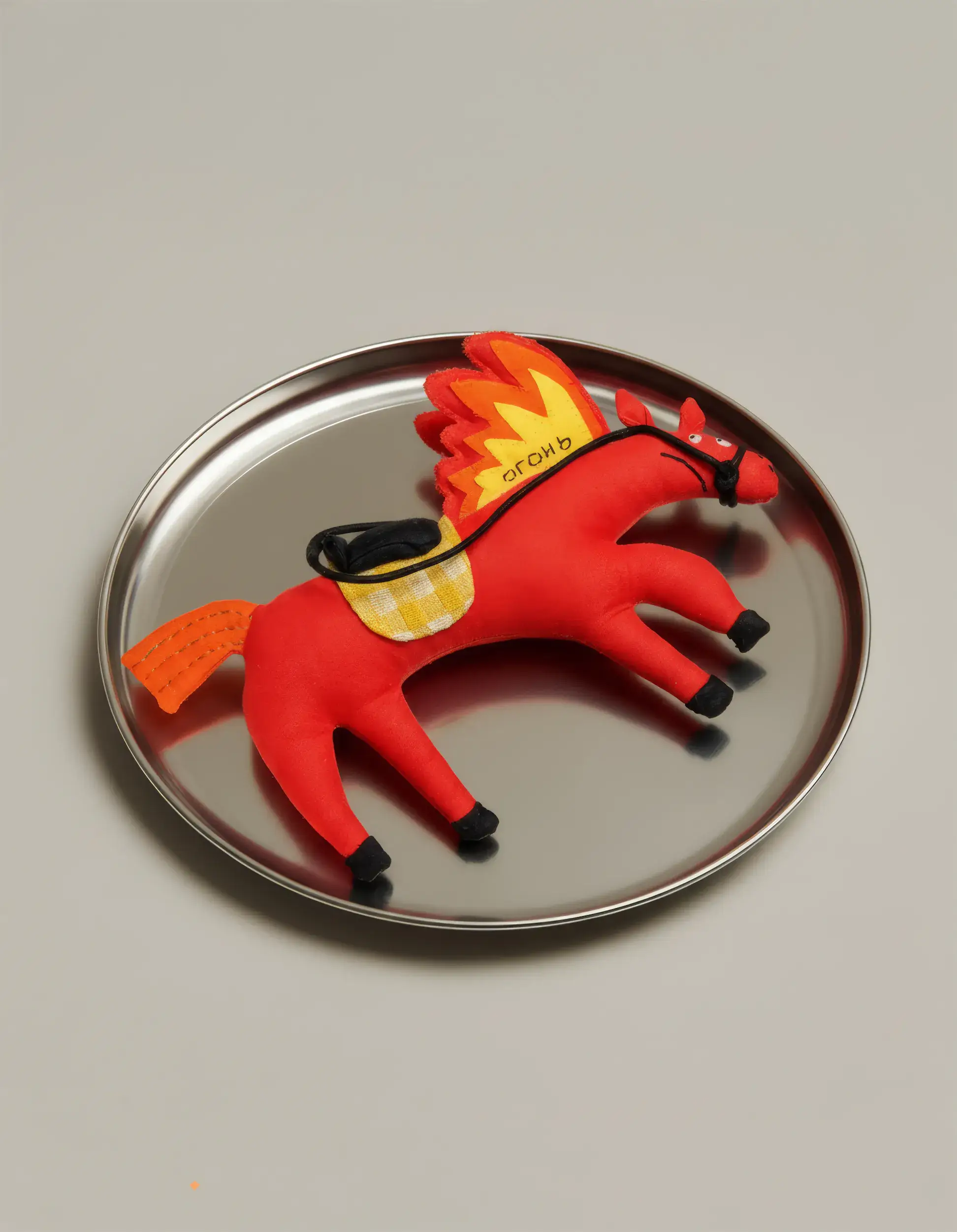 Красная лошадка из фетра с жёлто-оранжевой гривой и хвостом на серебряном блюде.