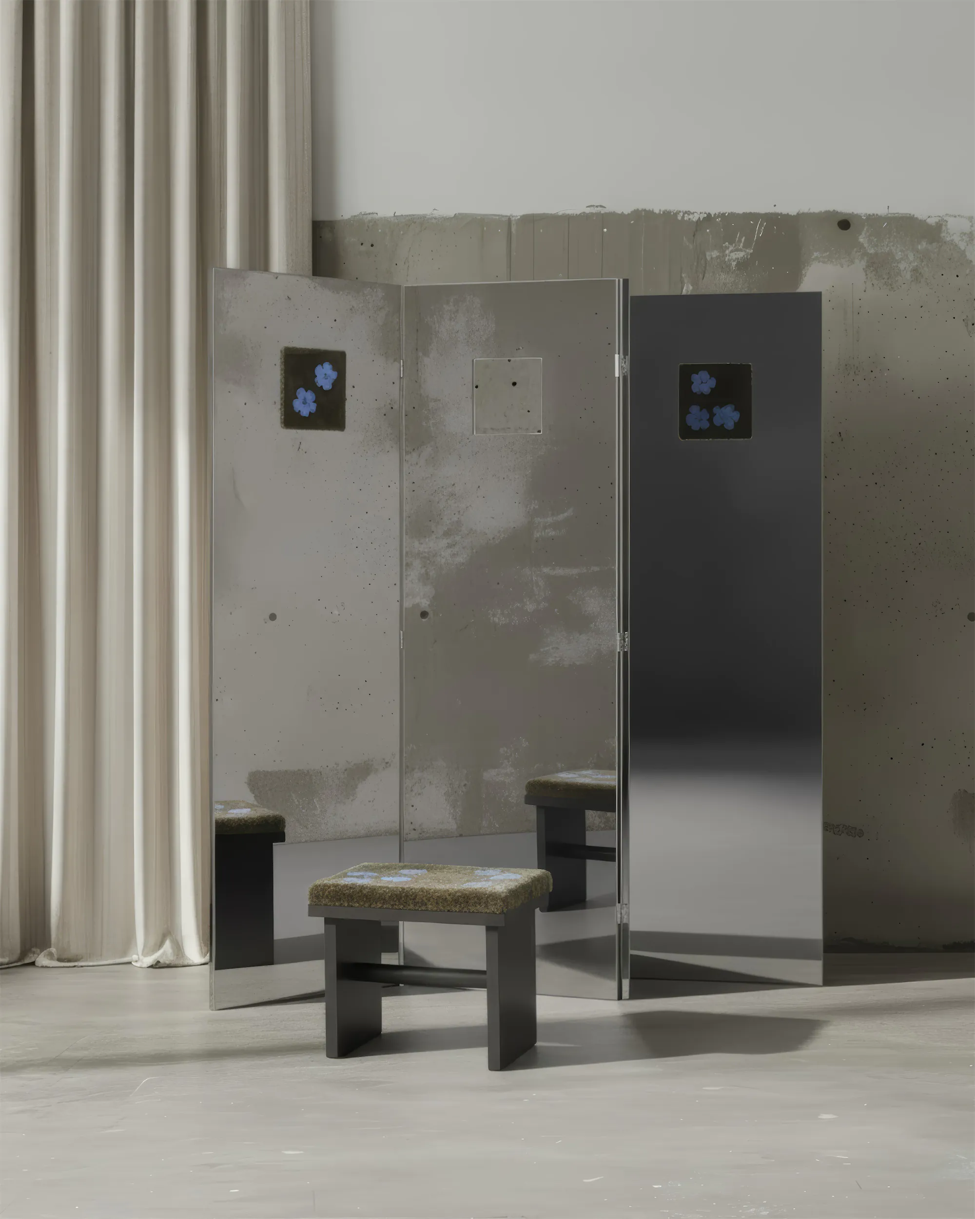 Минималистичная комната с металлической панелью, скамейкой и небольшим синим предметом.