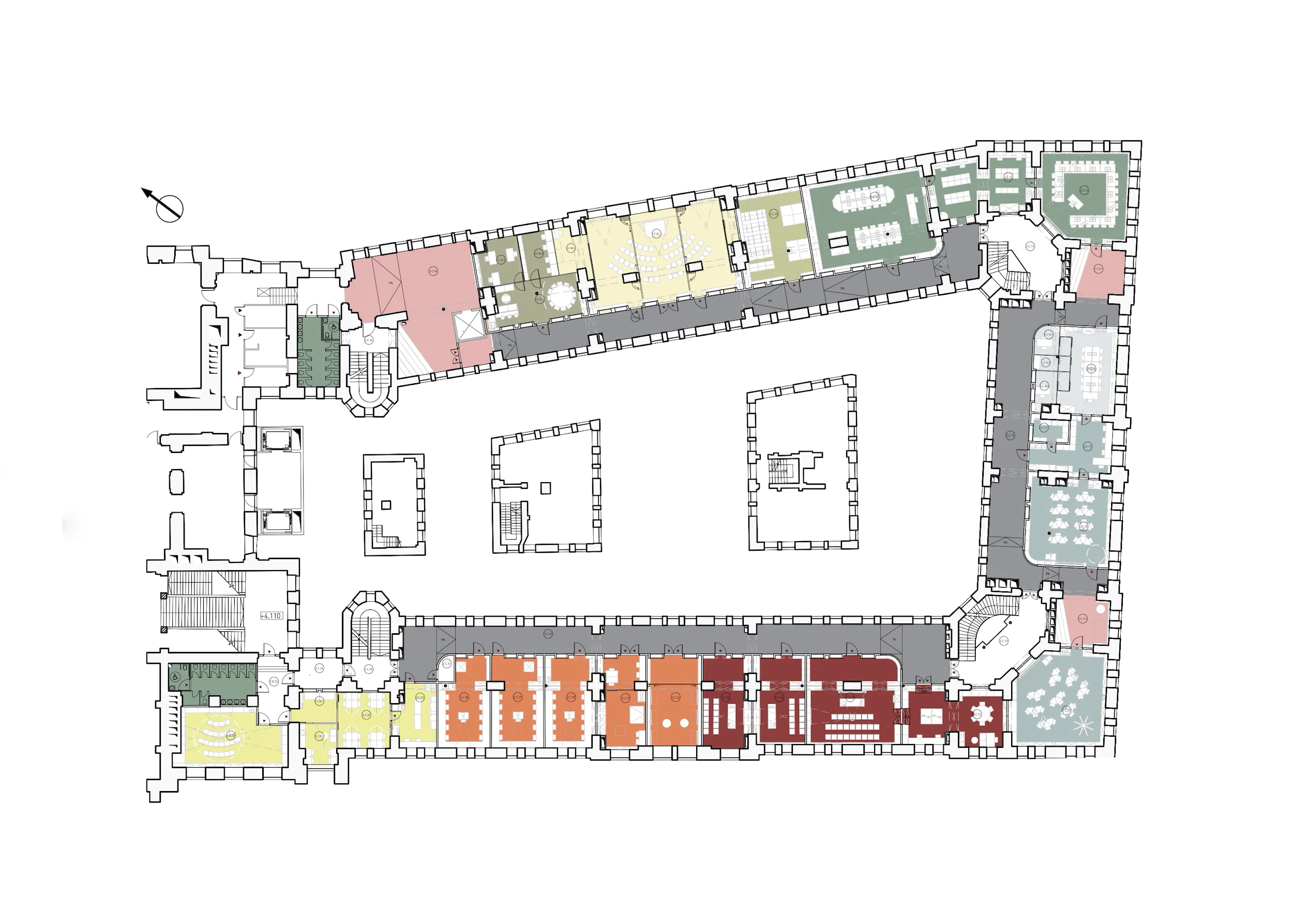Цветовая схема плана этажа с различными помещениями.