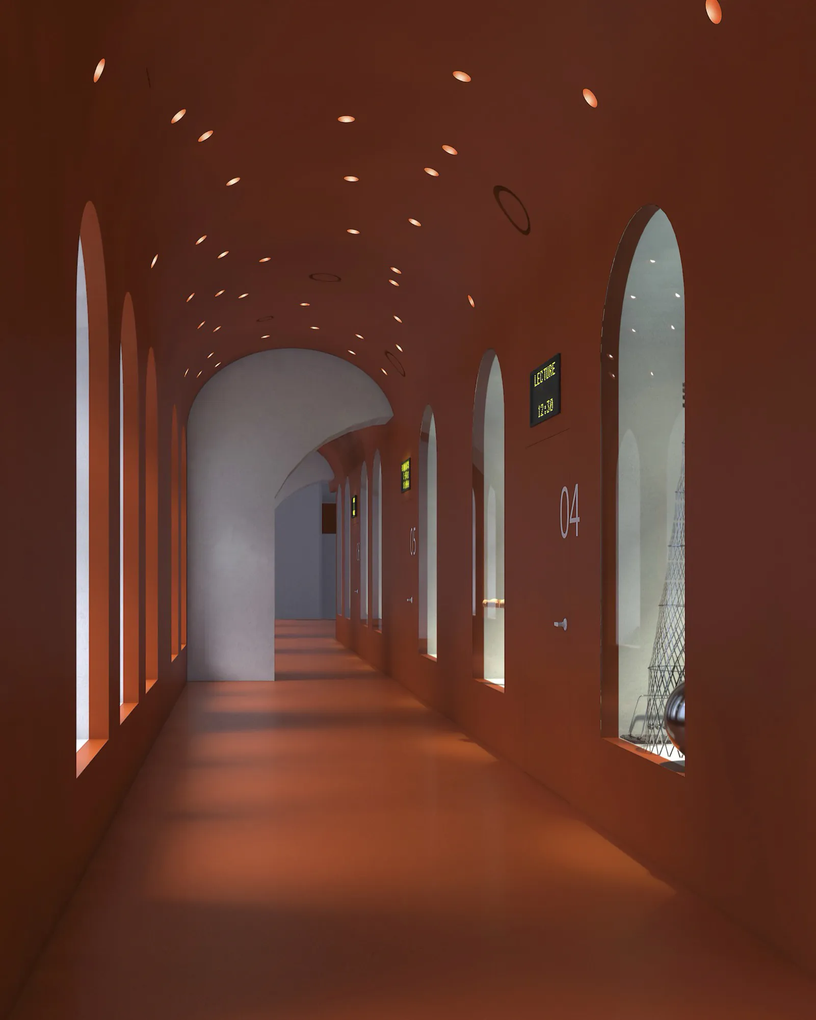 A long hallway with arched windows and a red floor, with a numbered sign and a digital display on the wall.