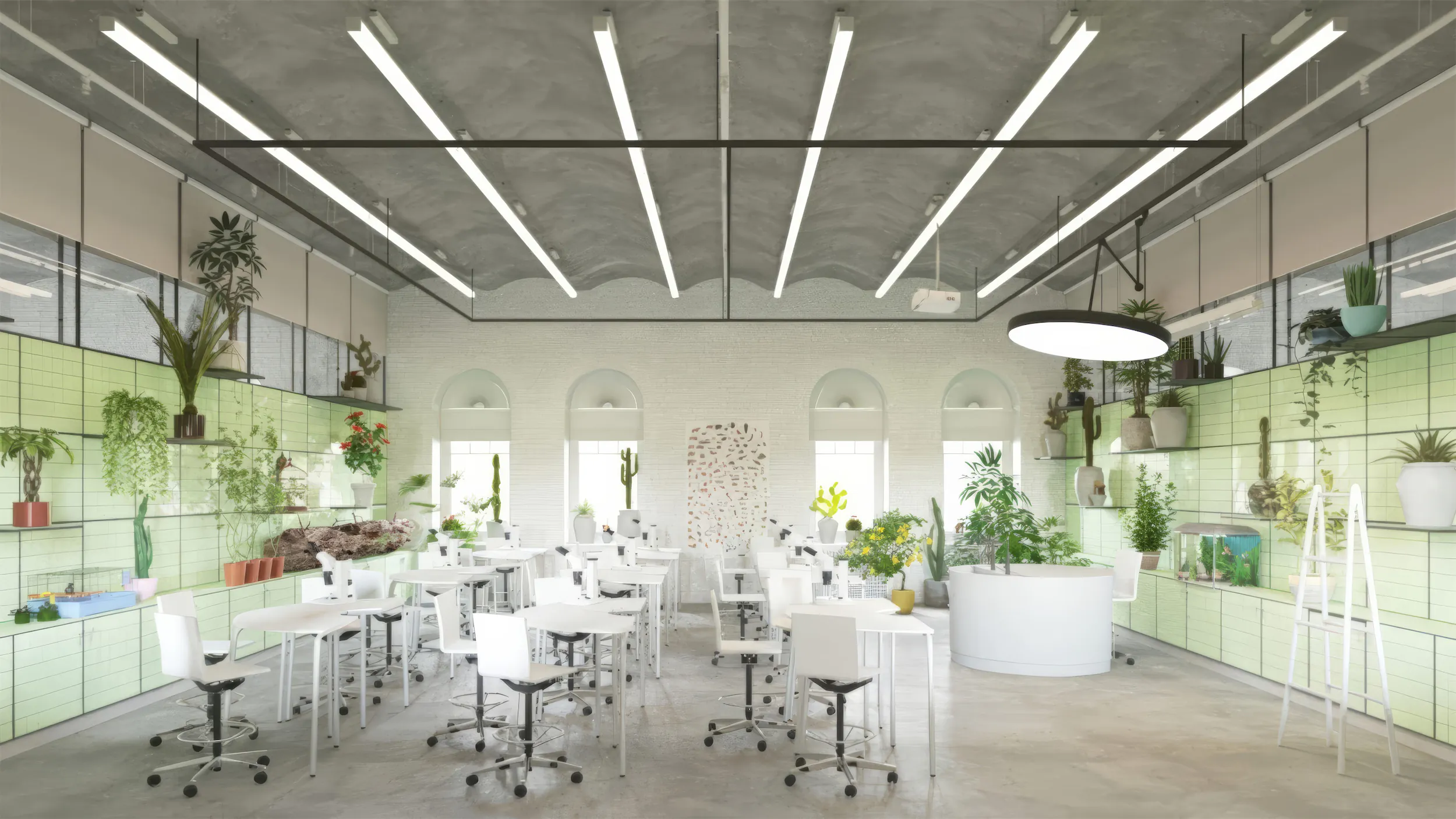 Современный минималистичный офис с белой мебелью и растениями.