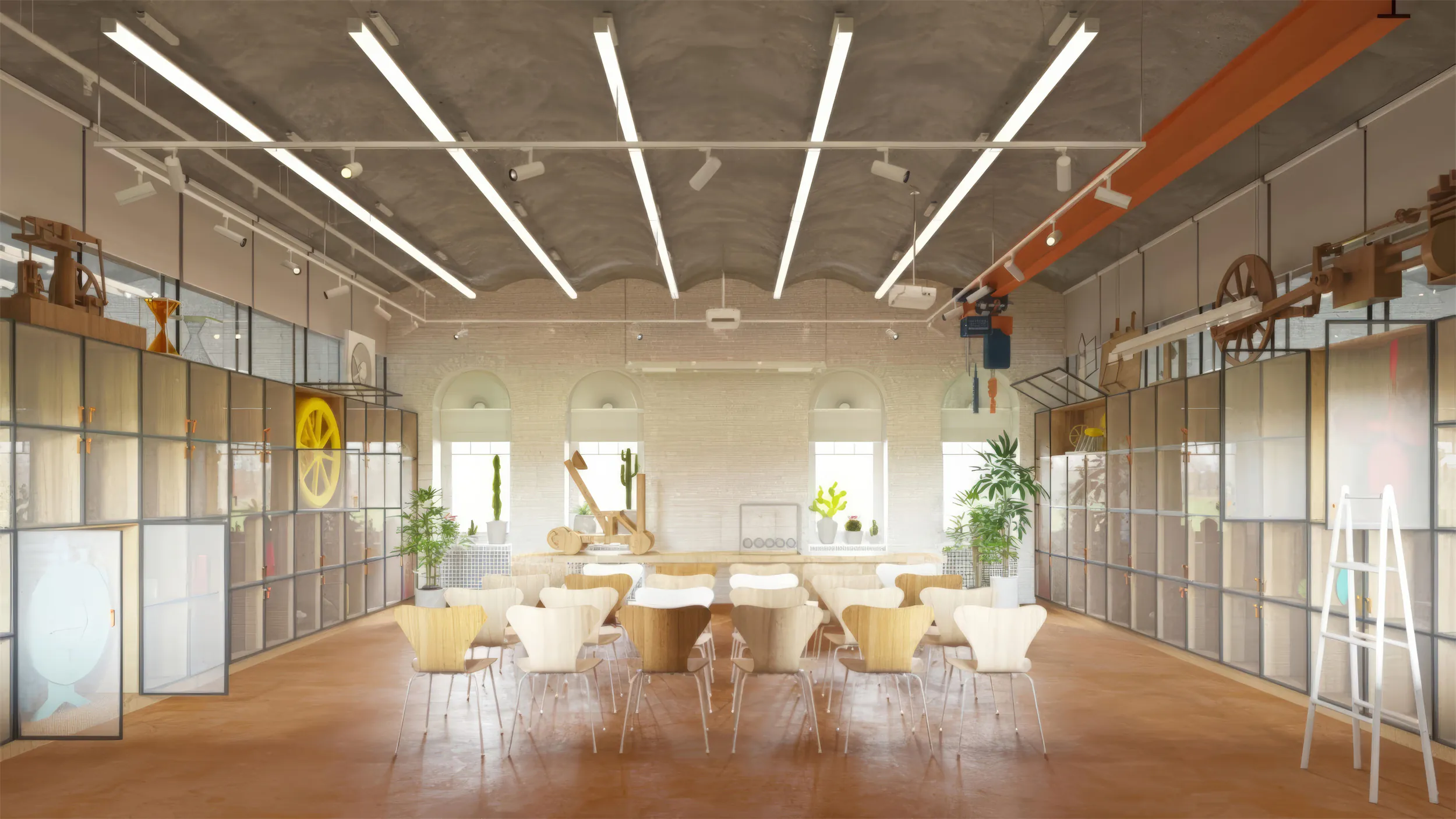 Помещение с высоким потолком. В центре большой стол со стульями, по периметру стеллажи.