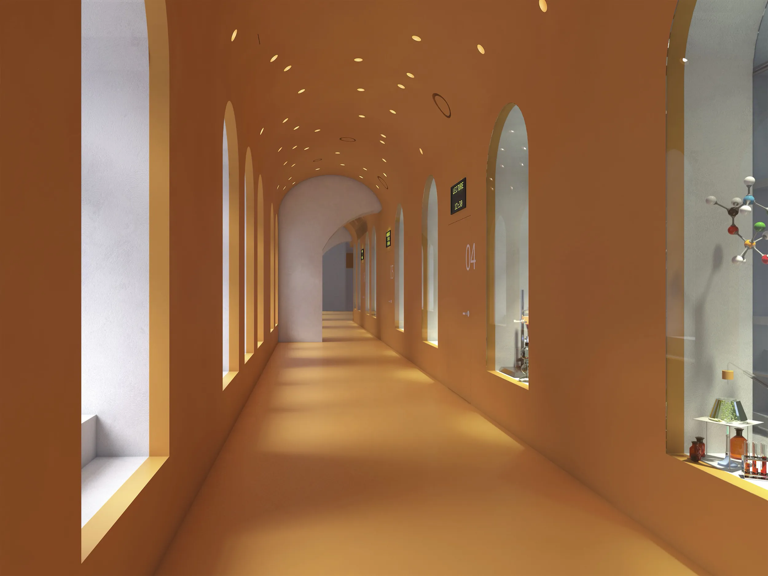 Длинный коридор с арочными окнами и тёплыми жёлто-оранжевыми стенами и полом.