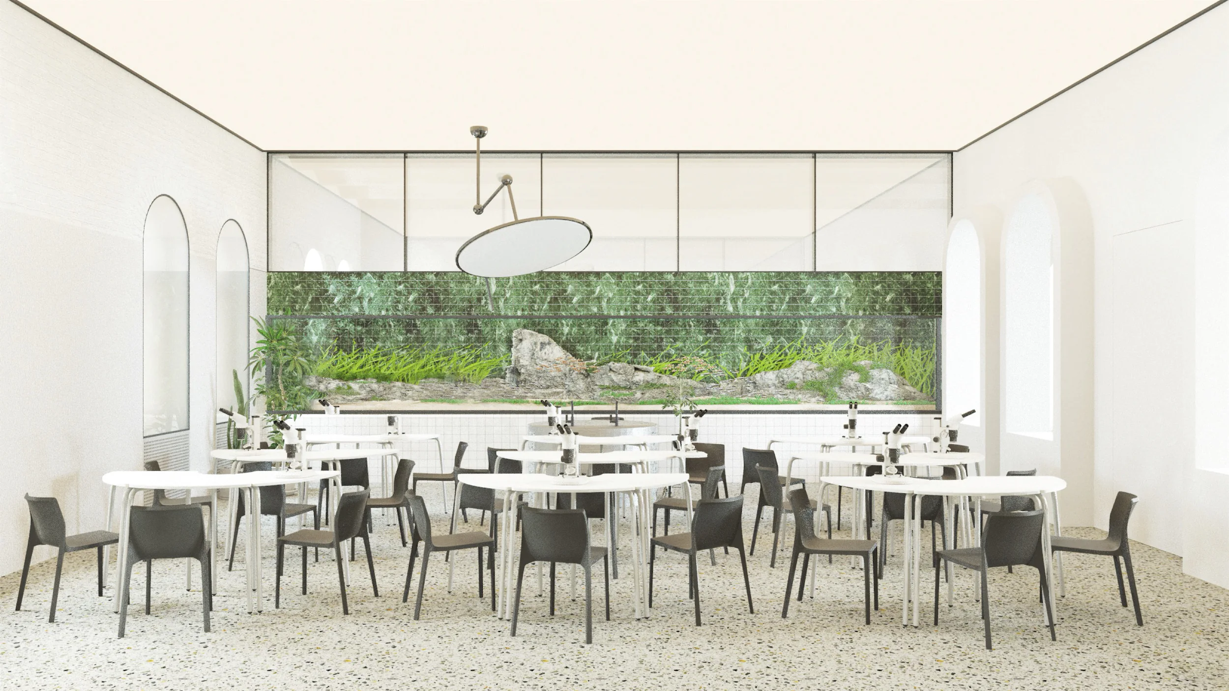 Переговорная комната с длинным белым столом, чёрными стульями и большой стеклянной стеной. У стены зелёное растение.