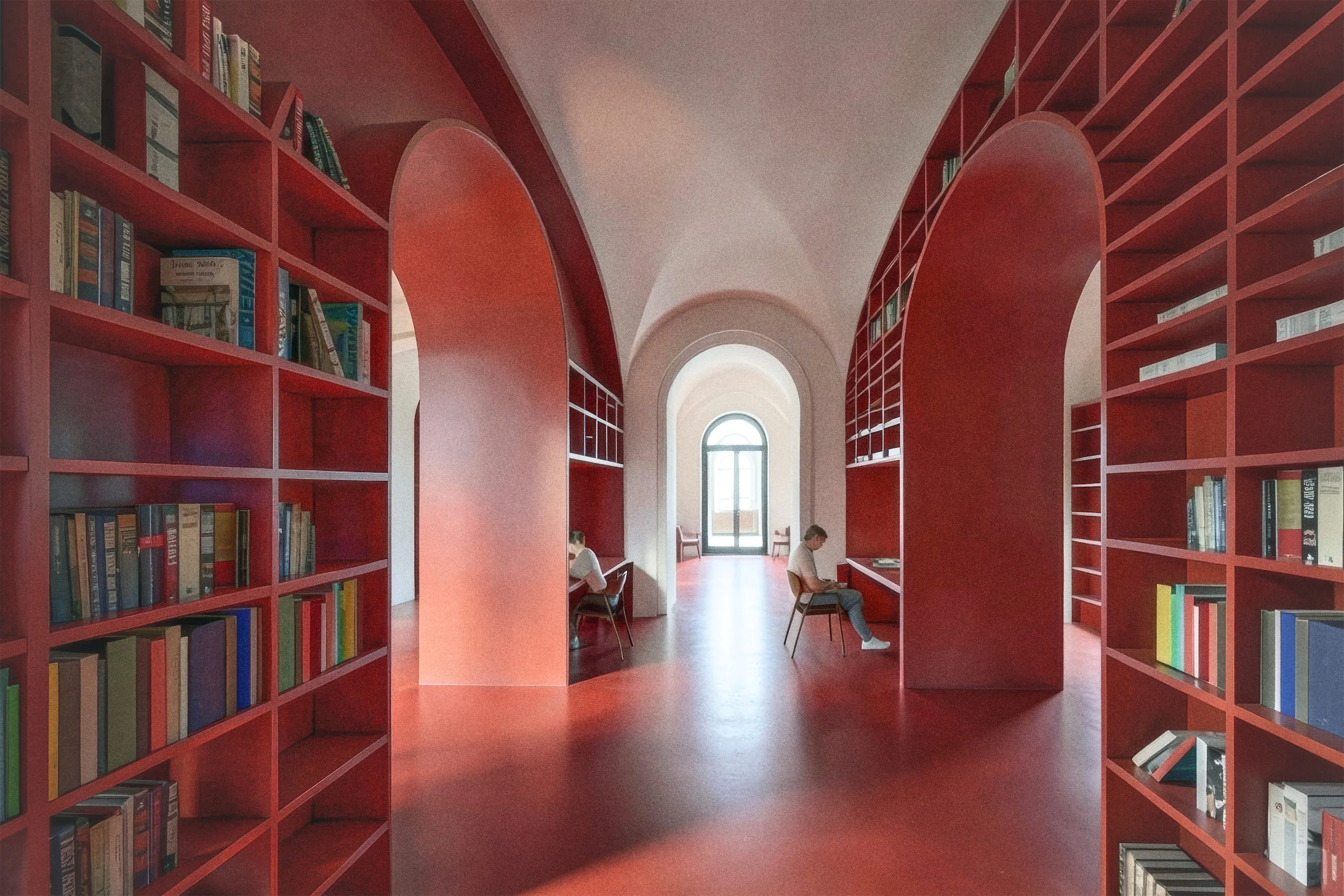 A person sitting in a red chair in a room with red shelves and arched doorways.