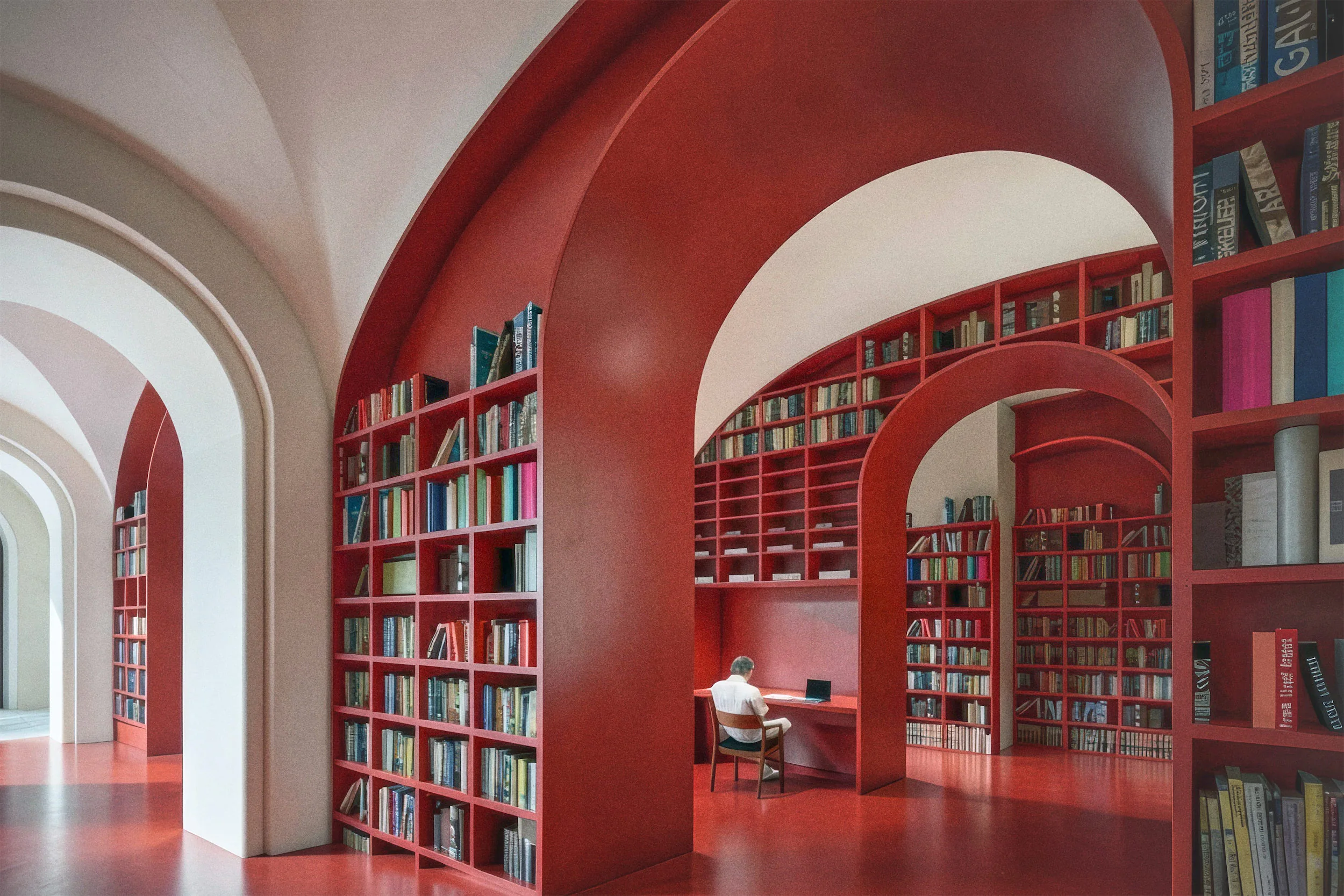 Человек за столом в комнате с красными арками и встроенными книжными полками.