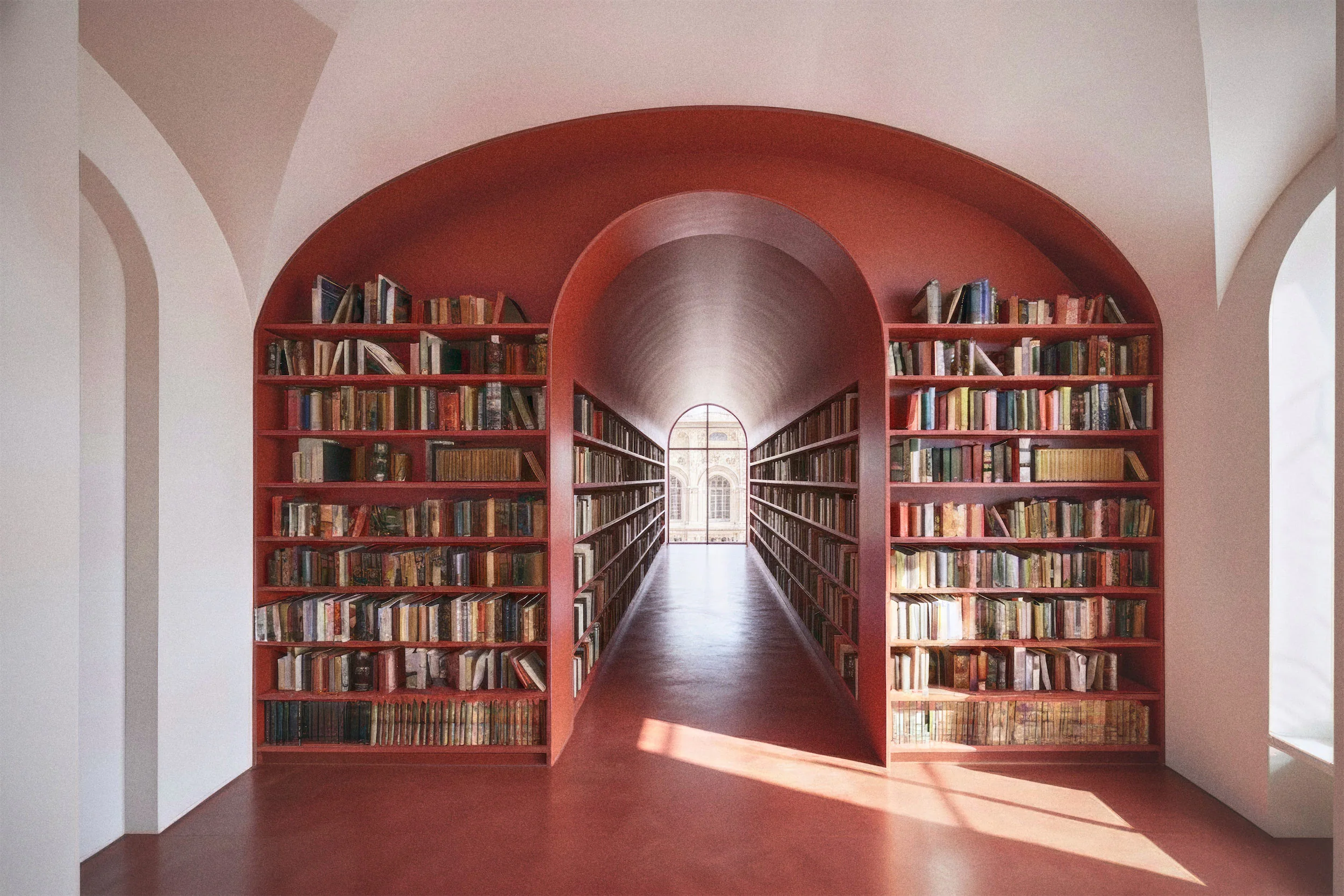 Длинный коридор с арочным проёмом, ведущим в комнату с большой книжной полкой.
