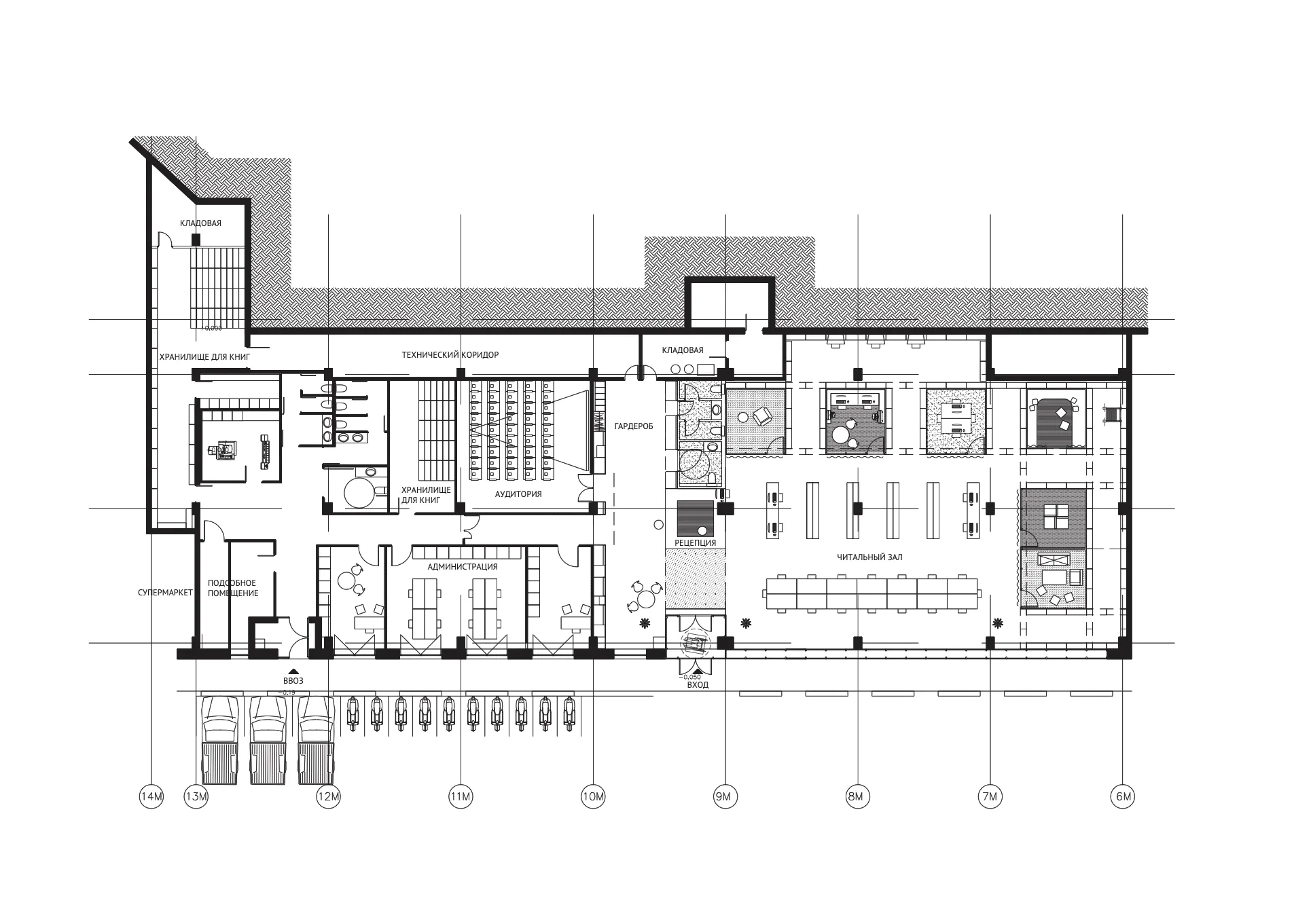 Чёрно-белый план этажа здания с различными помещениями.