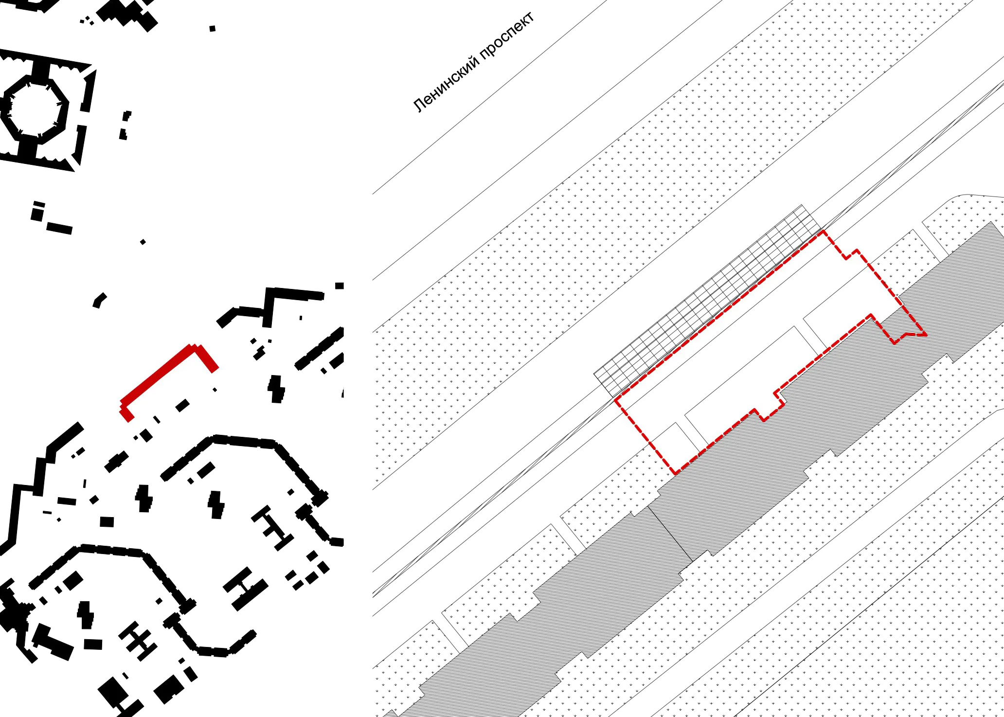 Чёрно-белая схема здания с красным контуром.