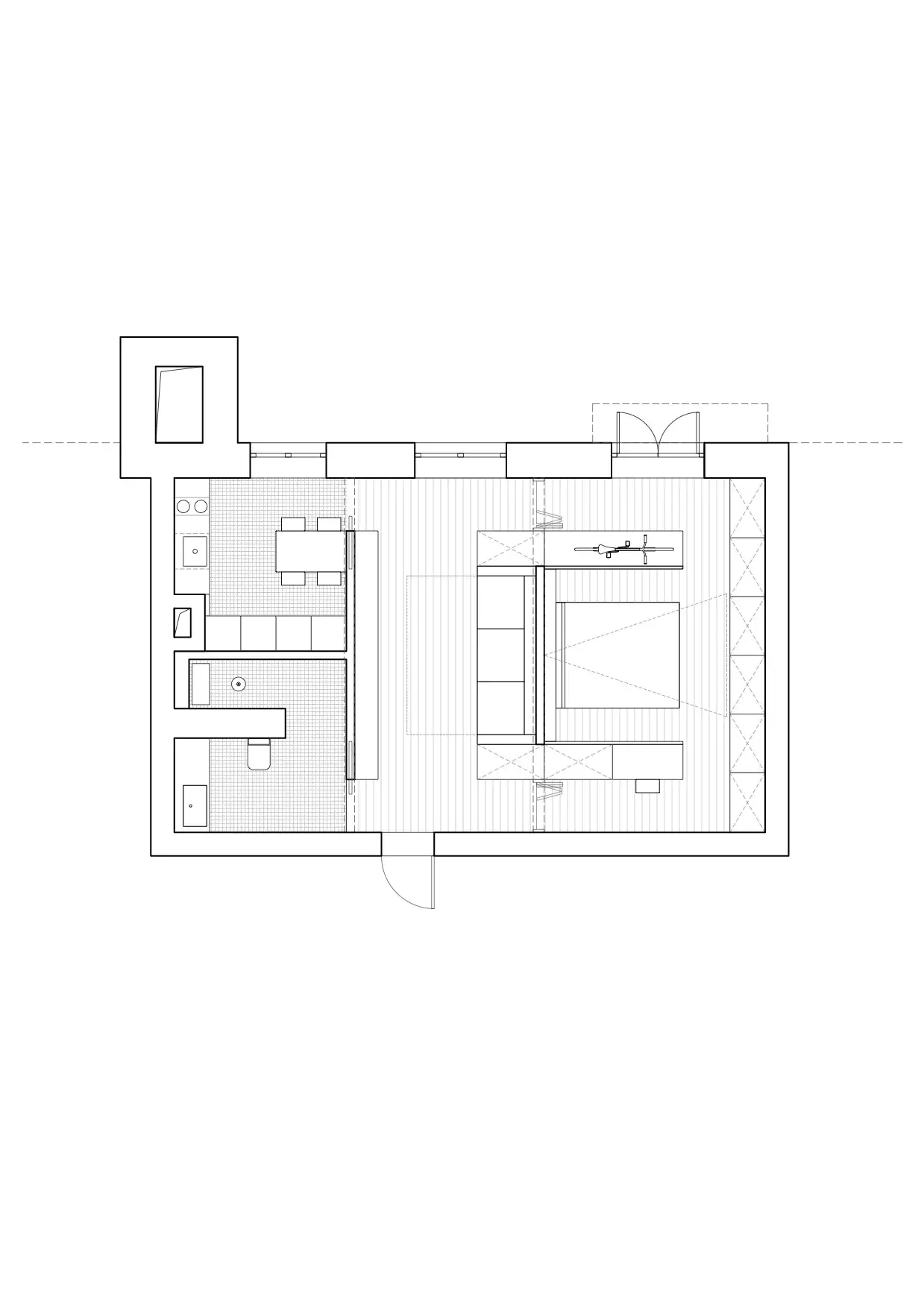 Black and white floor plan of an apartment with living room, kitchen, and bedroom.