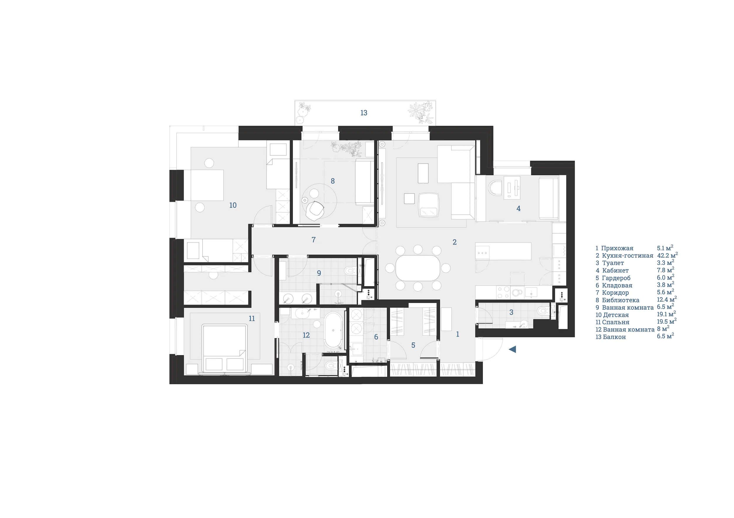 Чёрно-белый план квартиры с различными помещениями и коридорами.