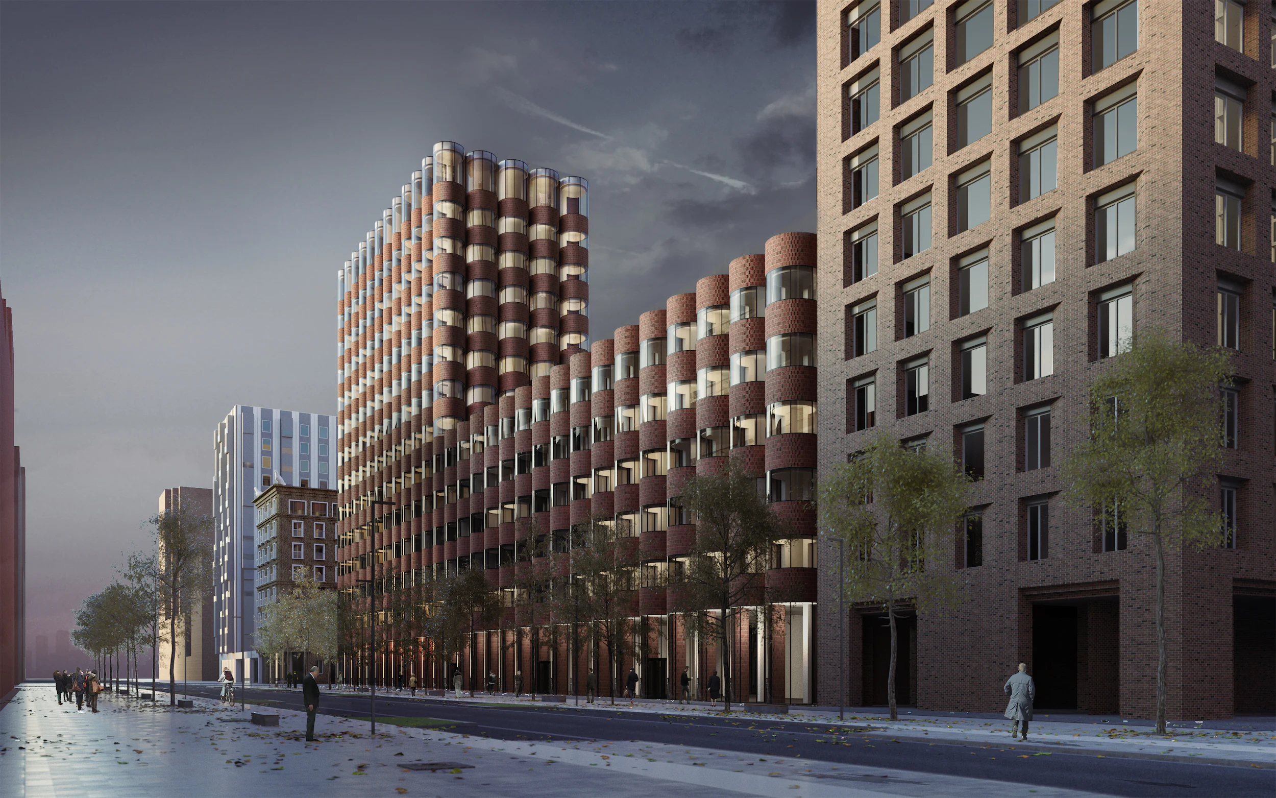 Городская улица с высокими зданиями и деревьями. На фасадах окна и балконы.