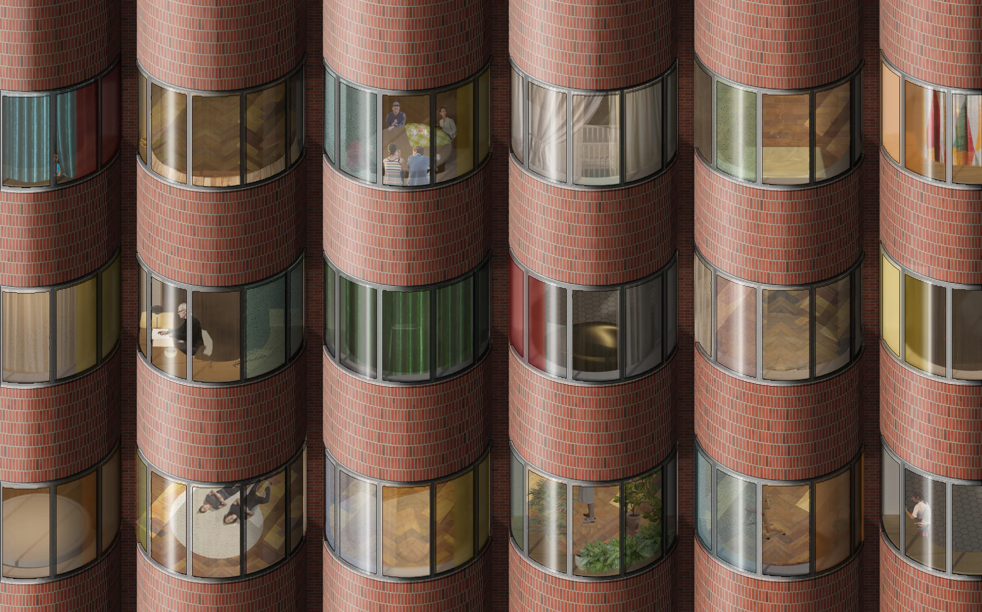 Красное кирпичное здание с множеством окон. В архитектуре сочетаются прямоугольные и круглые формы.