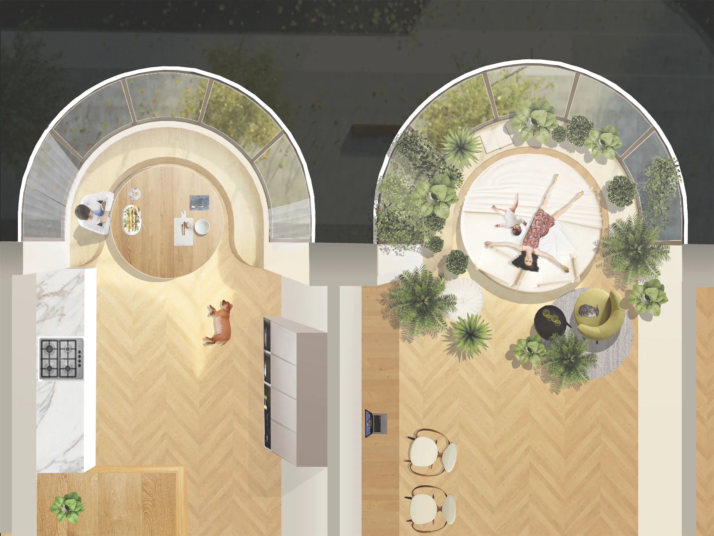 Современная гостиная-столовая с паркетом «ёлочкой», белыми стенами и круглым окном. Вид сверху.