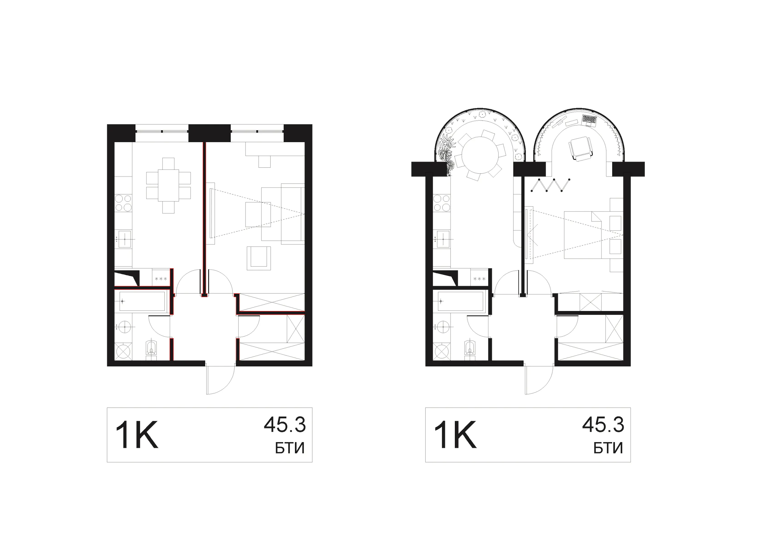 Два небольших однокомнатных апартамента площадью по 45,3 кв. м.